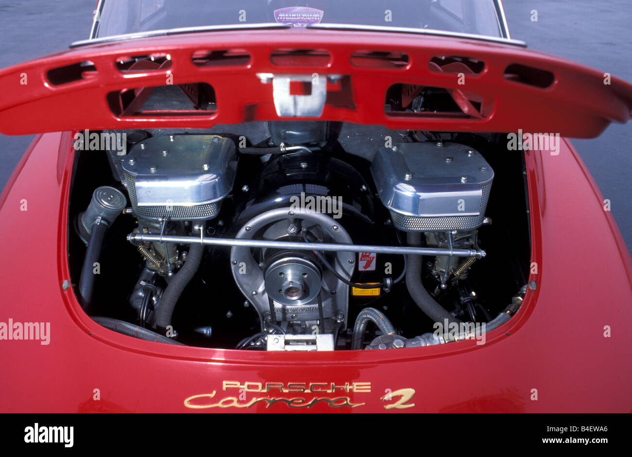 Car, Porsche 356 Carrera 2, model year 1963, red, sports car, Coupé, Coupe, red, vintage car, 1960s, sixties, engine compartment Stock Photo