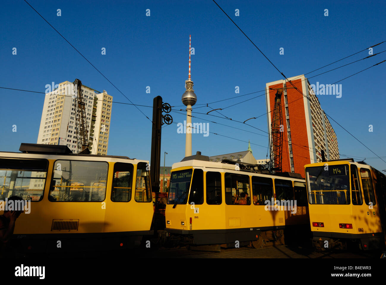 Berlin Straßenbahn and Fernsehturm Berlin viewed from Hackescher Markt, Berlin, Germany Stock Photo