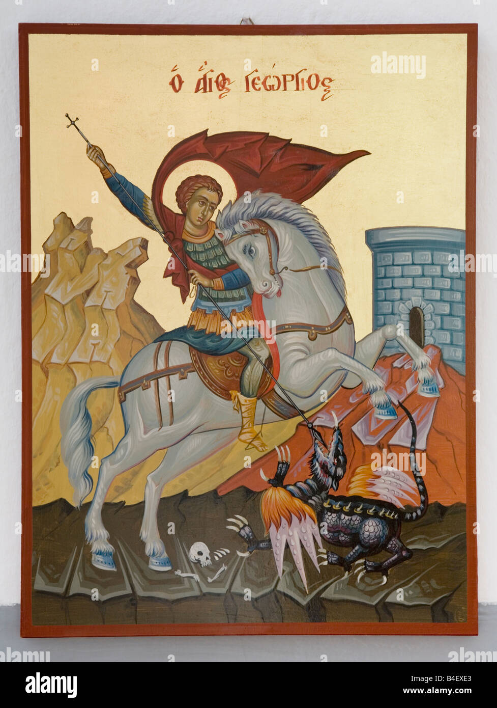Saint George lancinating spearing the Dragon Evil illustration old church Crete Krete island Greece Stock Photo