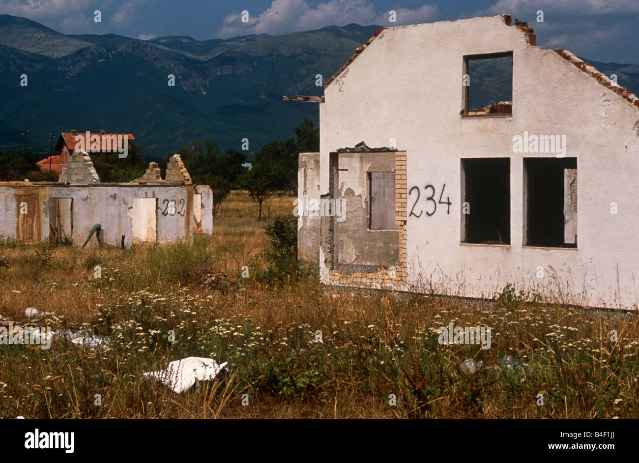 Remains of house 234 in rural village after Kosovo War, Kosovo, Balkans, Southeastern Europe Stock Photo