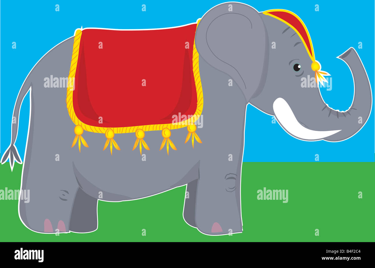 A circus elephant standing still and wearing a fancy blanket and head
