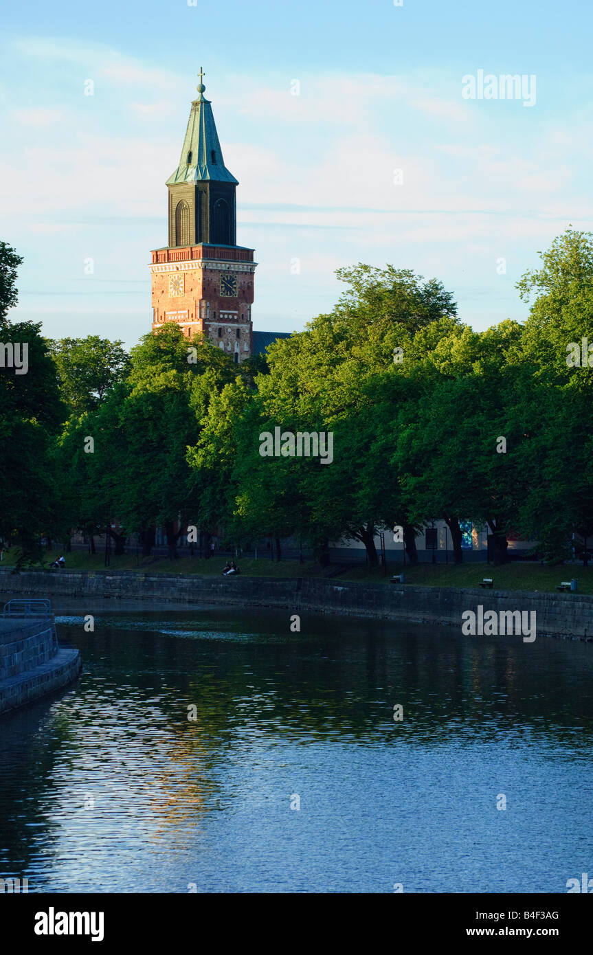 The river Aura Aurajoki and Tuomiokirkko Cathedral in Turku Åbo Finland Stock Photo