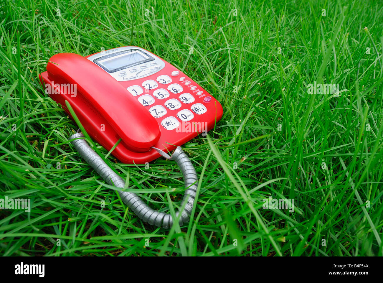 red telephone on green grass Stock Photo