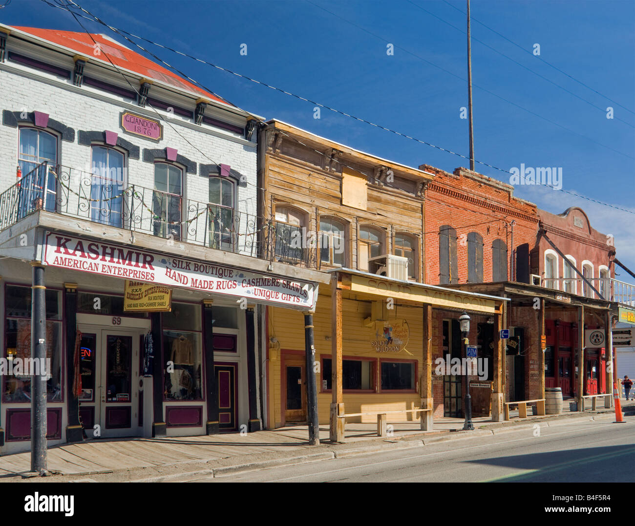 Historic buildings in winter at C Street in Virginia City Nevada USA