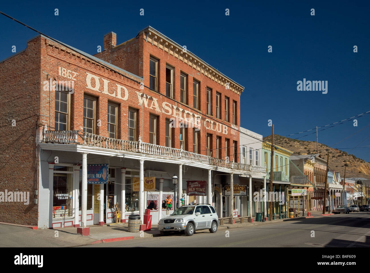Historic buildings in winter at C Street in Virginia City Nevada USA