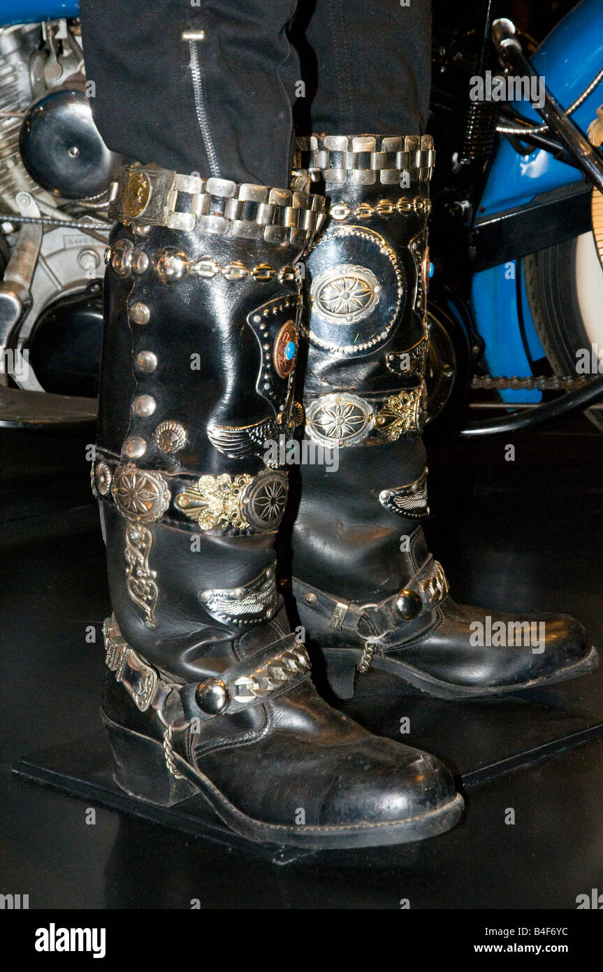 German style motorcycle boots on display at the Harley-Davidson Museum in  Milwaukee, Wisconsin,USA Stock Photo - Alamy