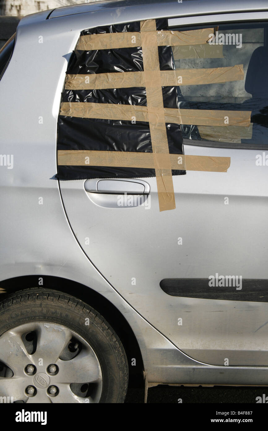 temporary repair for broken car window Stock Photo Alamy