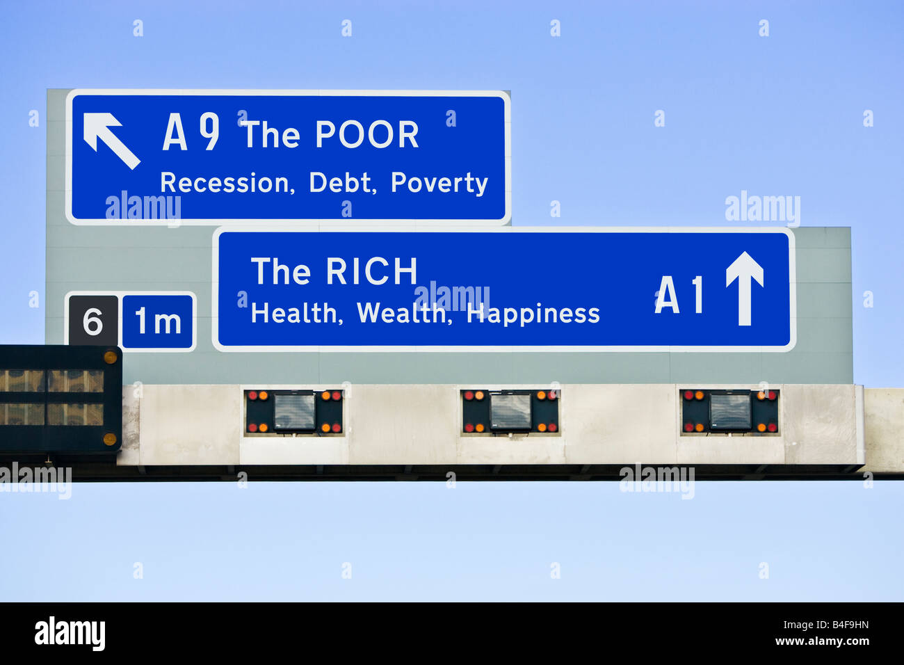 UK motorway sign financial concept economic differences between The Rich and The Poor / North / South England UK Stock Photo
