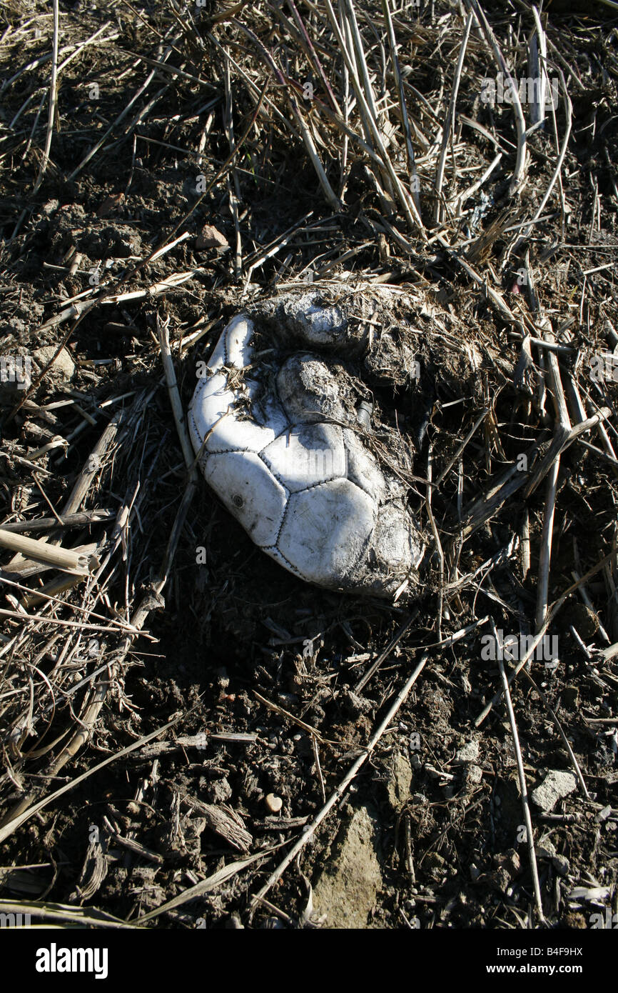 Damaged Football one old damaged leather football in field Stock Photo - Alamy