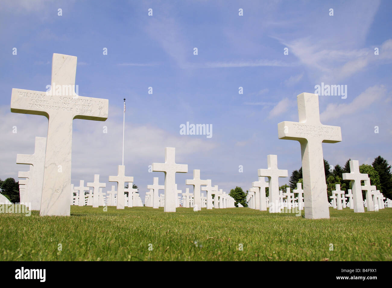 Close up of Cross memorials in the Somme American Cemetery near Bony, France. Stock Photo