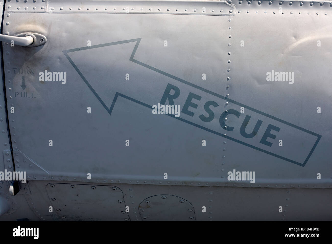 Helicopter door rescue sign aboard the U S Military amphibious assault ship USS Kearsarge LHD 3 Stock Photo
