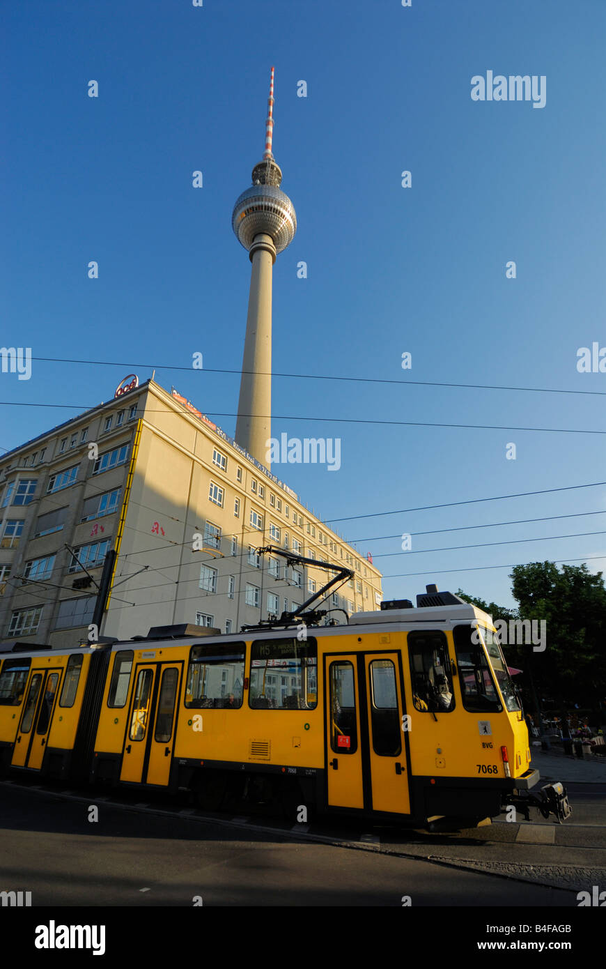 Berlin Straßenbahn and Fernsehturm Berlin, Berlin, Germany Stock Photo