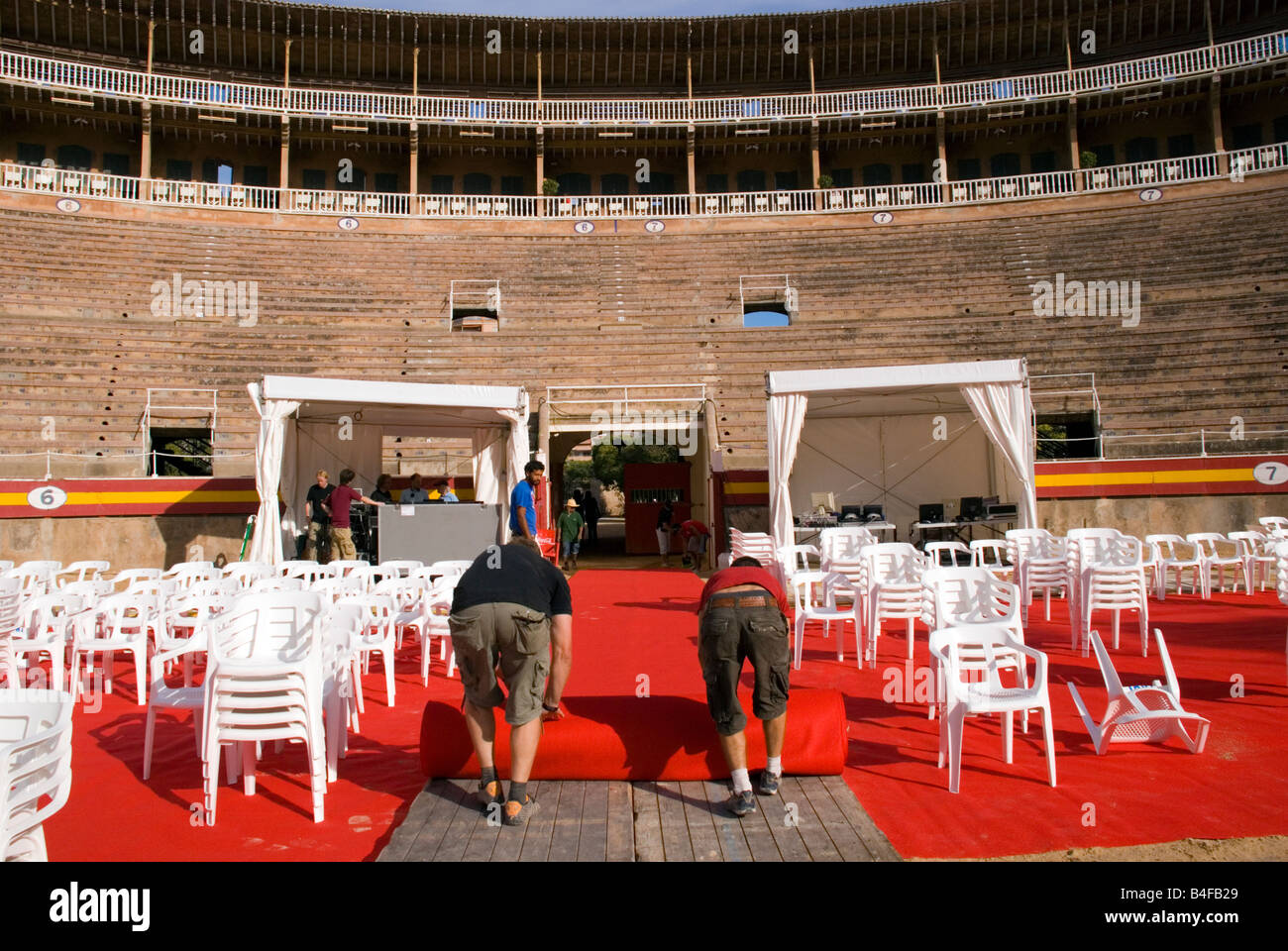 Bullring Palma Mallorca Spain Preparations underway backstage for a production of Carmina Burana Monumental Opera Stock Photo