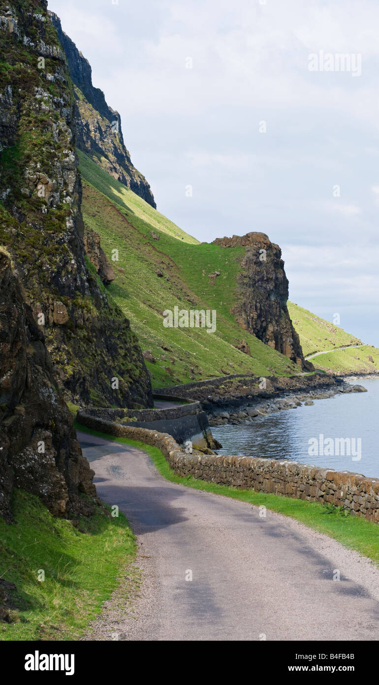 Narrow single lane road along cliff above Loch Na Keal, Isle of Mull, Scotland Stock Photo