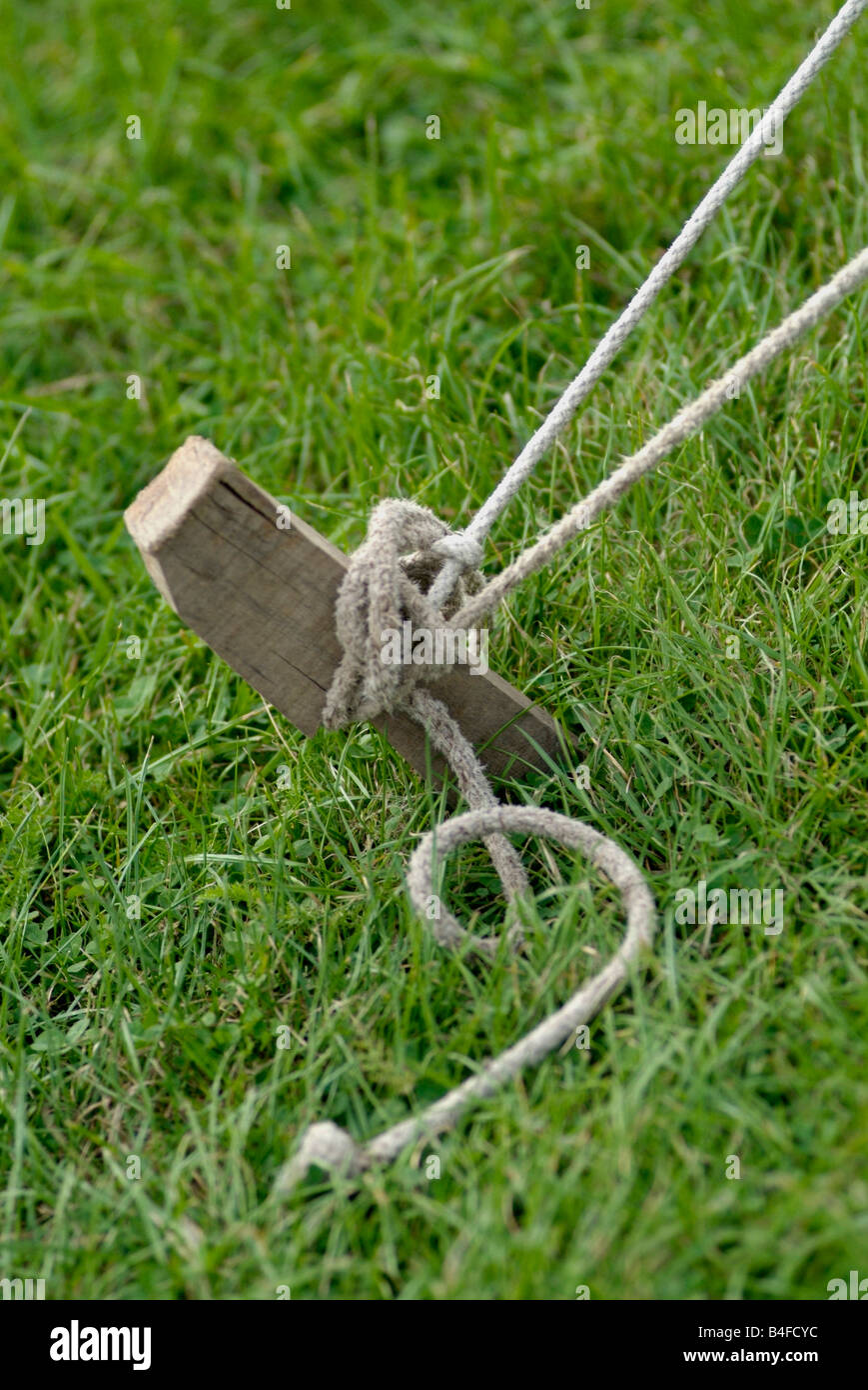 wooden home made tent peg and guy rope Stock Photo - Alamy