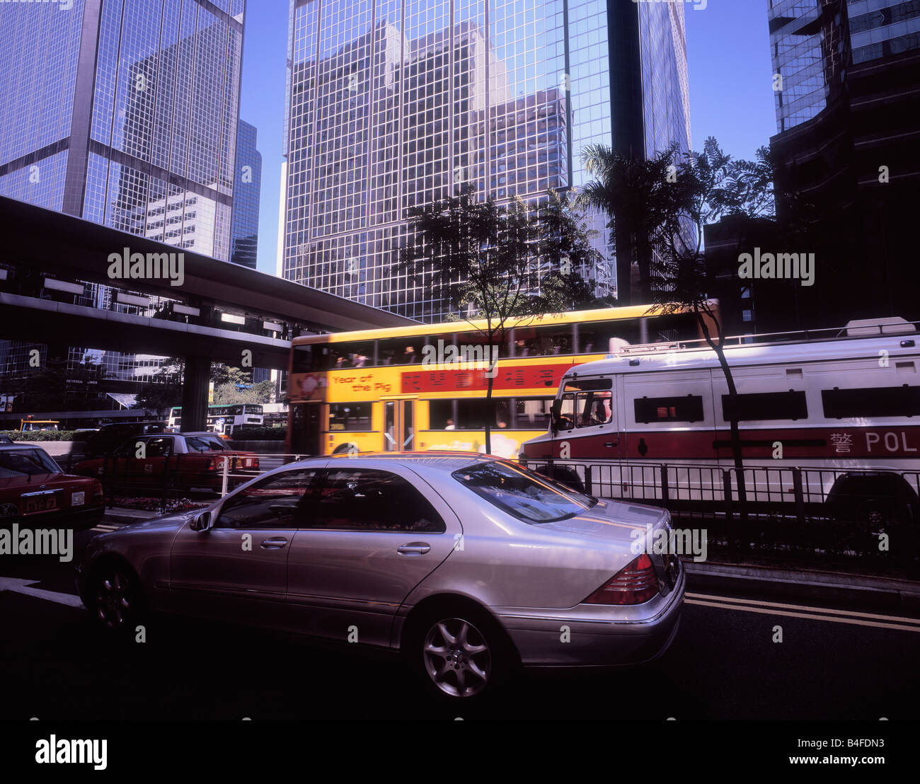 Urban image of office buildings and busy morning rush hour traffic