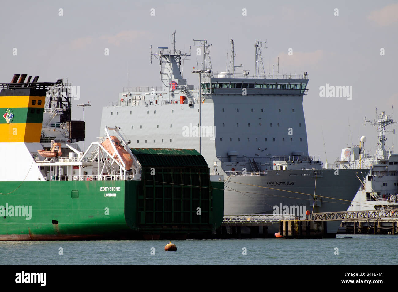 Marchwood Military Port on Southampton Water England alongside the Eddystone a roro contract ship and the Mounts Bay Stock Photo