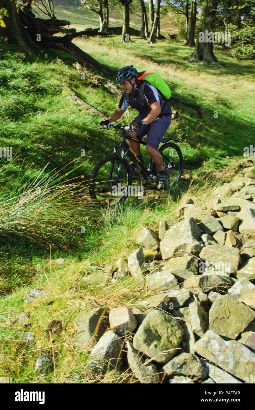 Mountain biker David Elam above the Hodder valley in the Bowland Fells Lancashire Stock Photo