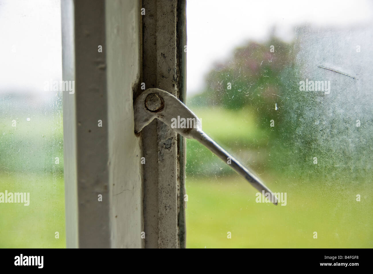 condensation on an old country window with a backdrop of green