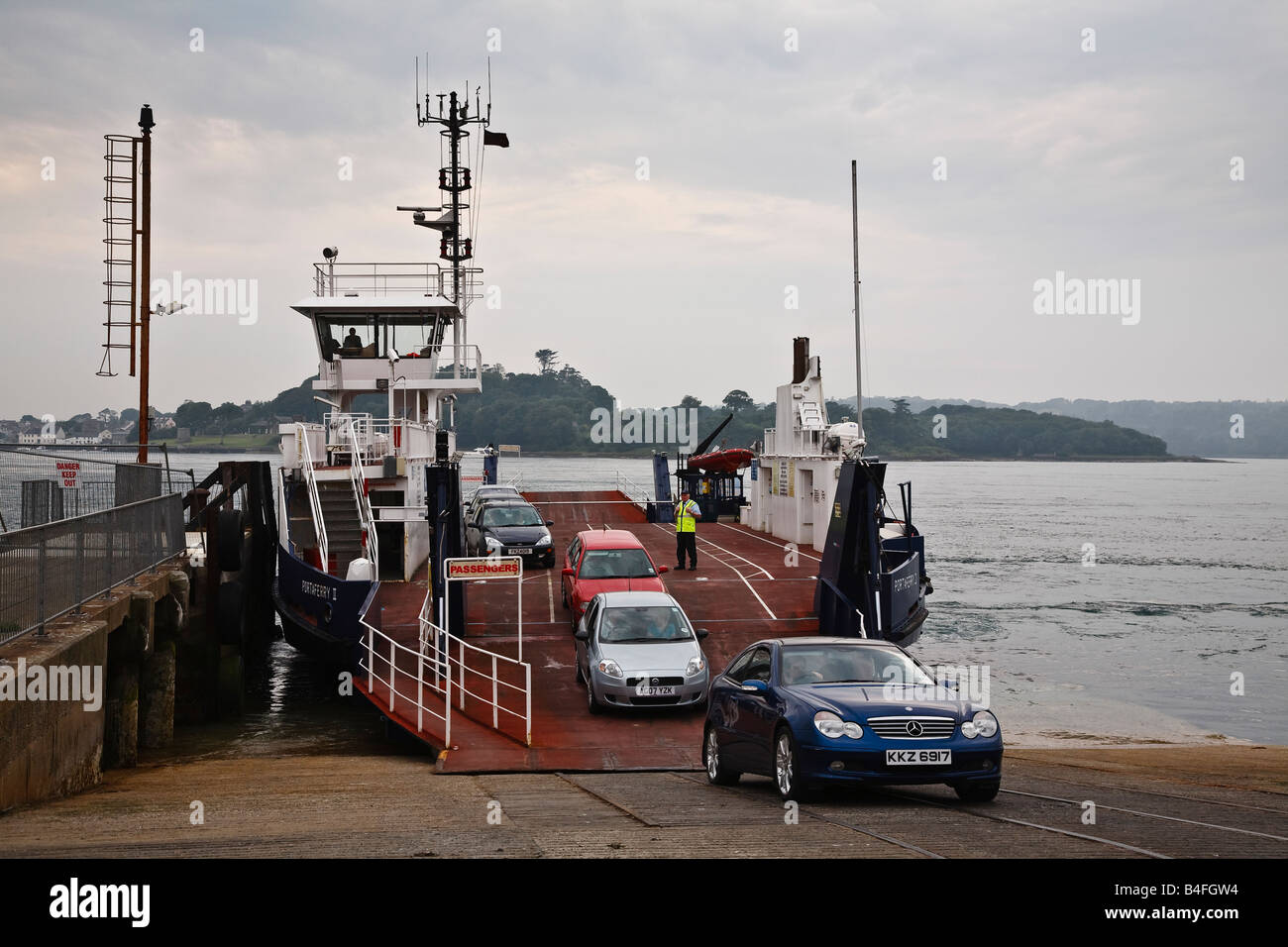 Cars disembarking from the Strangford Ferry at Strangford, County Down, Northern Ireland Stock Photo