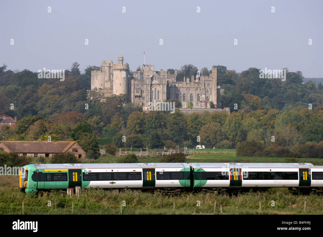 A Southern rail train passes by Arundel Castle in West