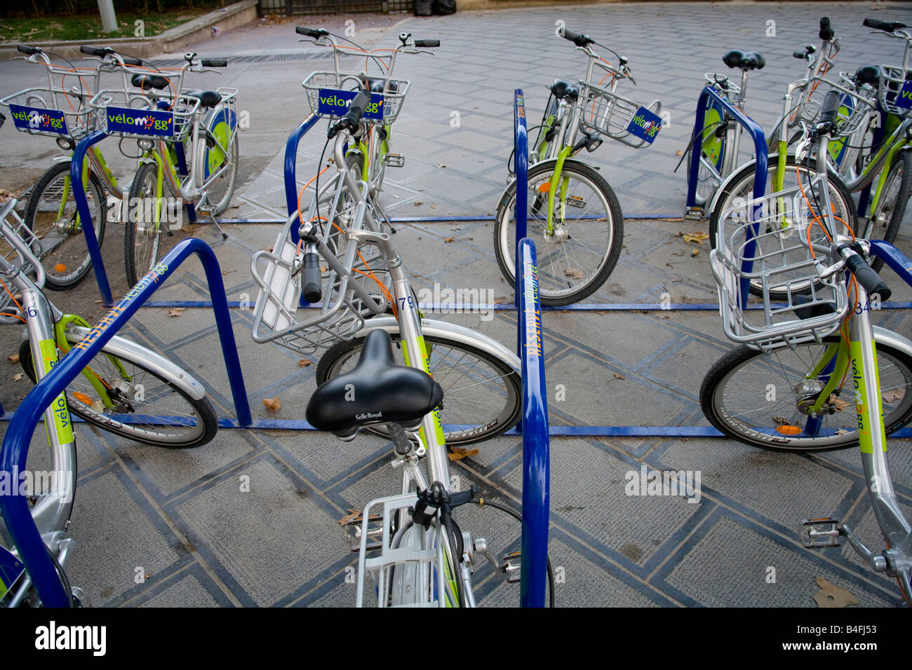 Public use bikes provided by the local tourist board in Montpellier, Southern France. Stock Photo