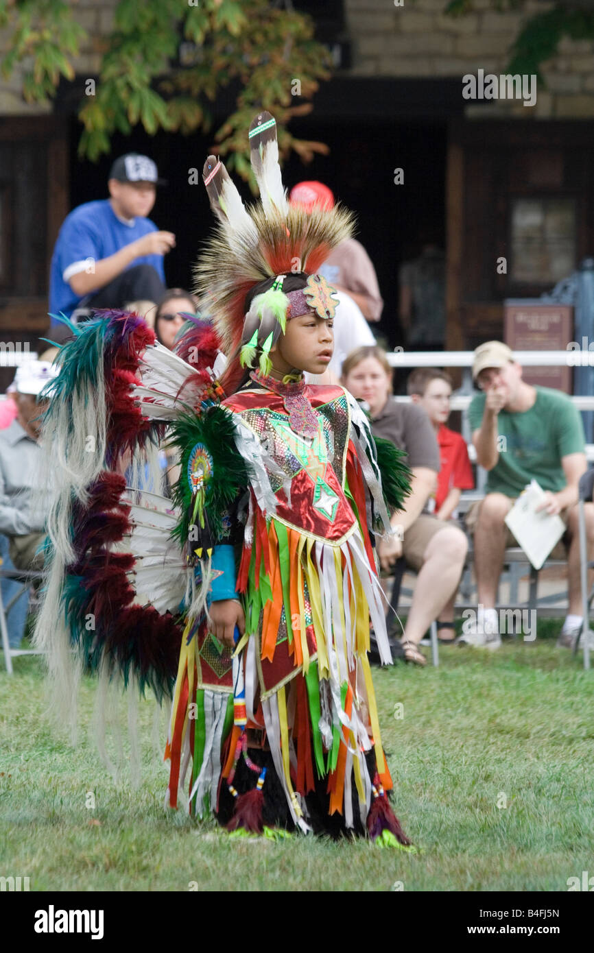Native American Indian Boy Dancing. The 14th Annual Harvest Pow Wow. Naperville, Illinois, USA. Stock Photo