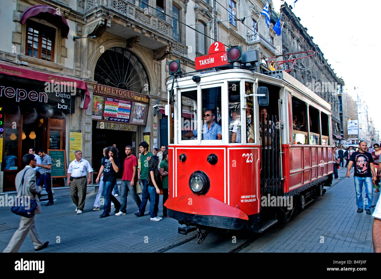 Istanbul Istiklal Caddesi Beyoglu tram car streetcar track tramway Stock Photo