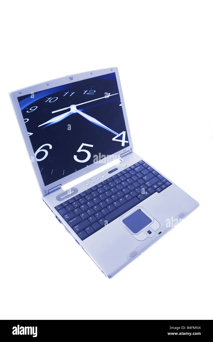 Laptop with Clock on Screen Stock Photo