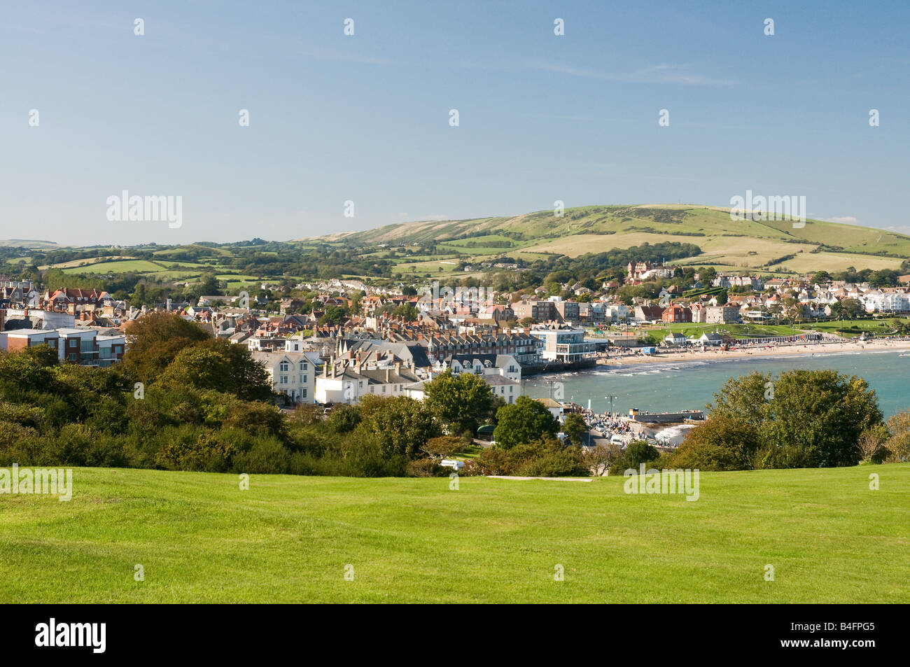 Looking down over Swanage Bay and town from Peveril Point, Isle of Purbeck, Dorset, England, UK Stock Photo