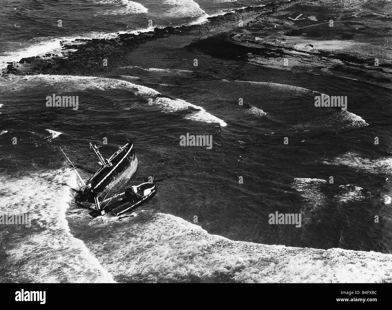 The Samtampa which ran aground and off loaded its oil cargo at the shores of Sker Rocks near Porthcawl in Glamorgan It was just Stock Photo