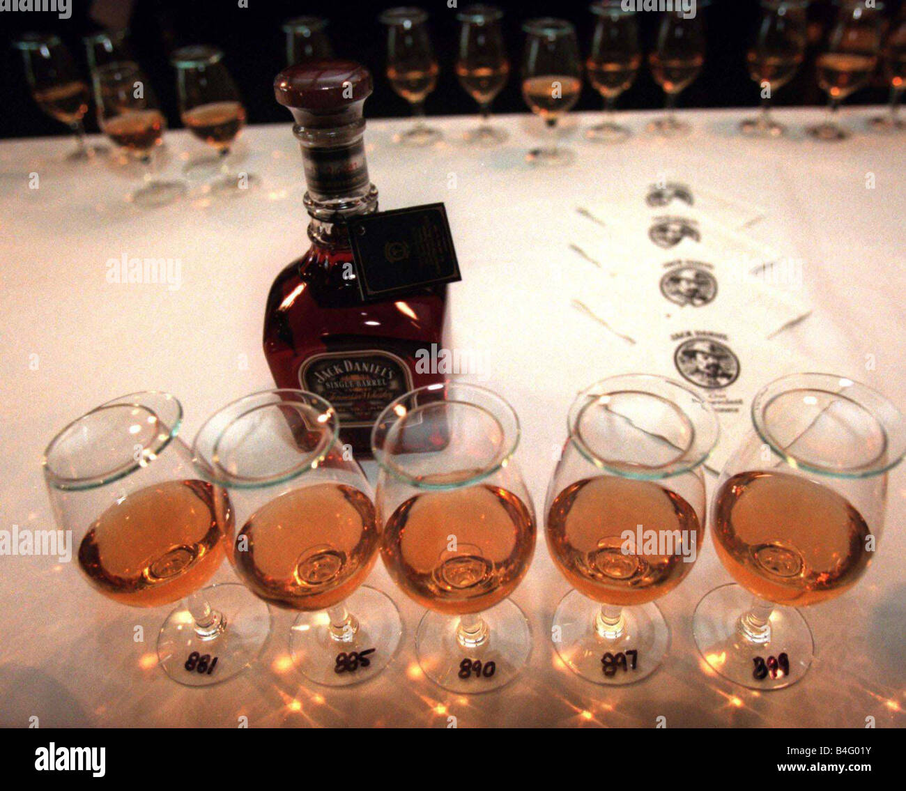 Glasses of Jack Daniels from different barrels are marked for tasting at Jack Daniels Distillery December 2000 Stock Photo