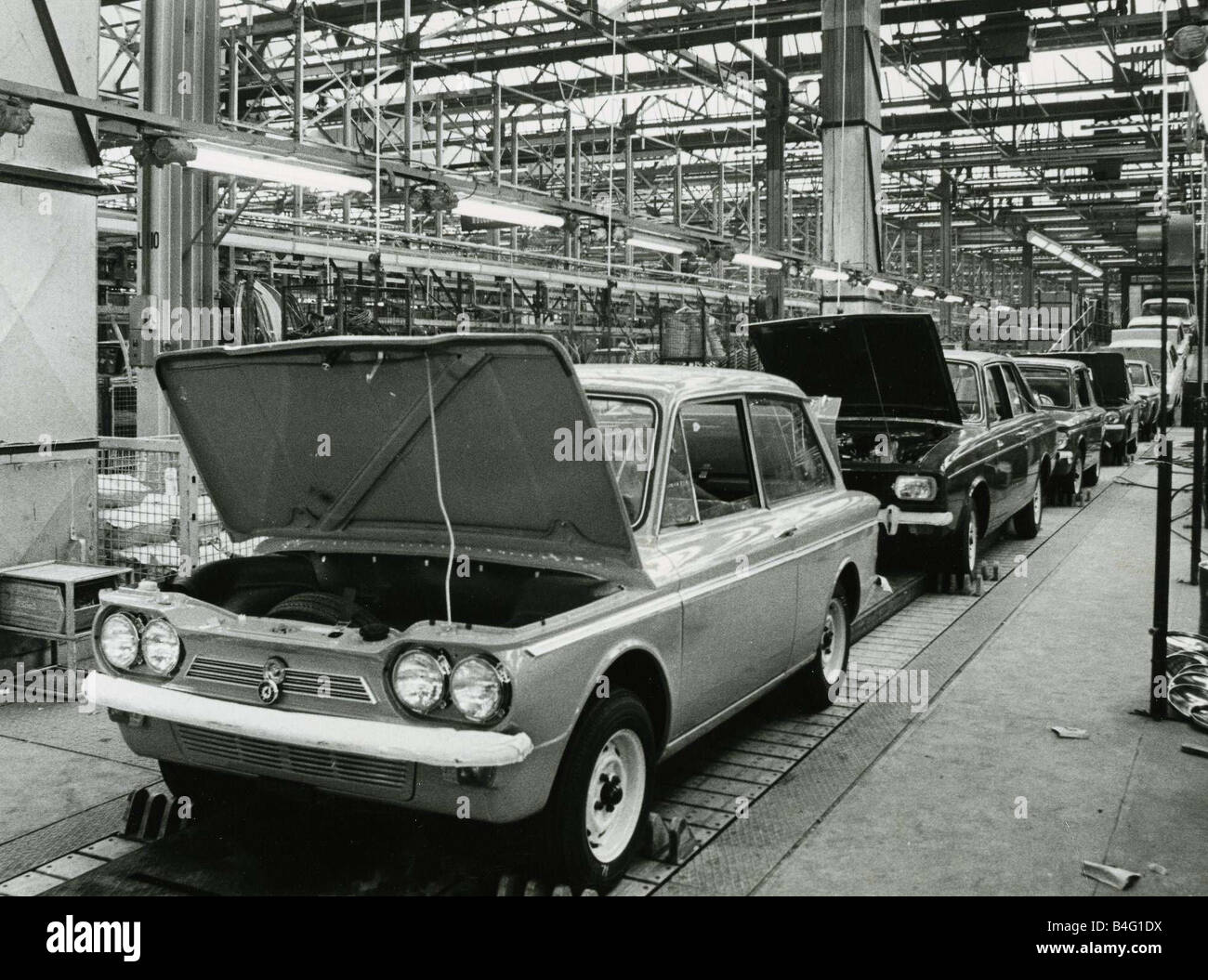 Production line with Hillman Imp and Hillman Hunter cars being assembled at Rootes factory Linwood March 1969 Stock Photo