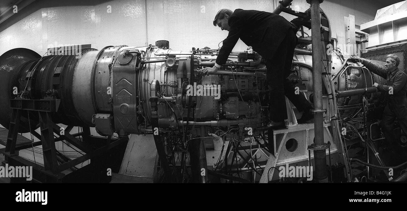 Engineers at the Bristol Siddeley factory working on the Rolls Royce Olympus engine the power behind Concorde March 1963 Stock Photo