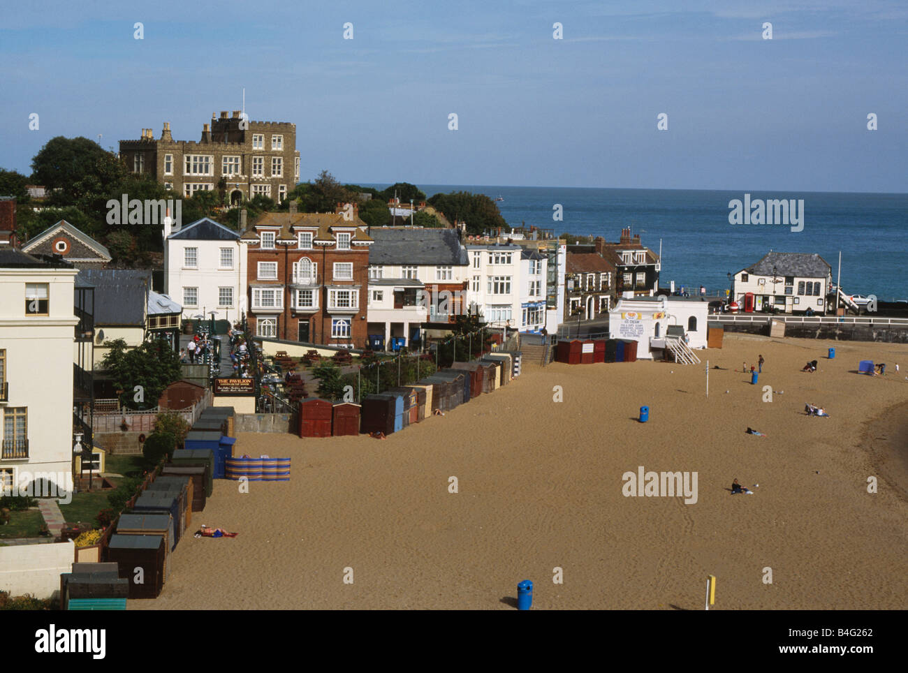 Looking down on houses and beach huts on the beach at Broadstairs in