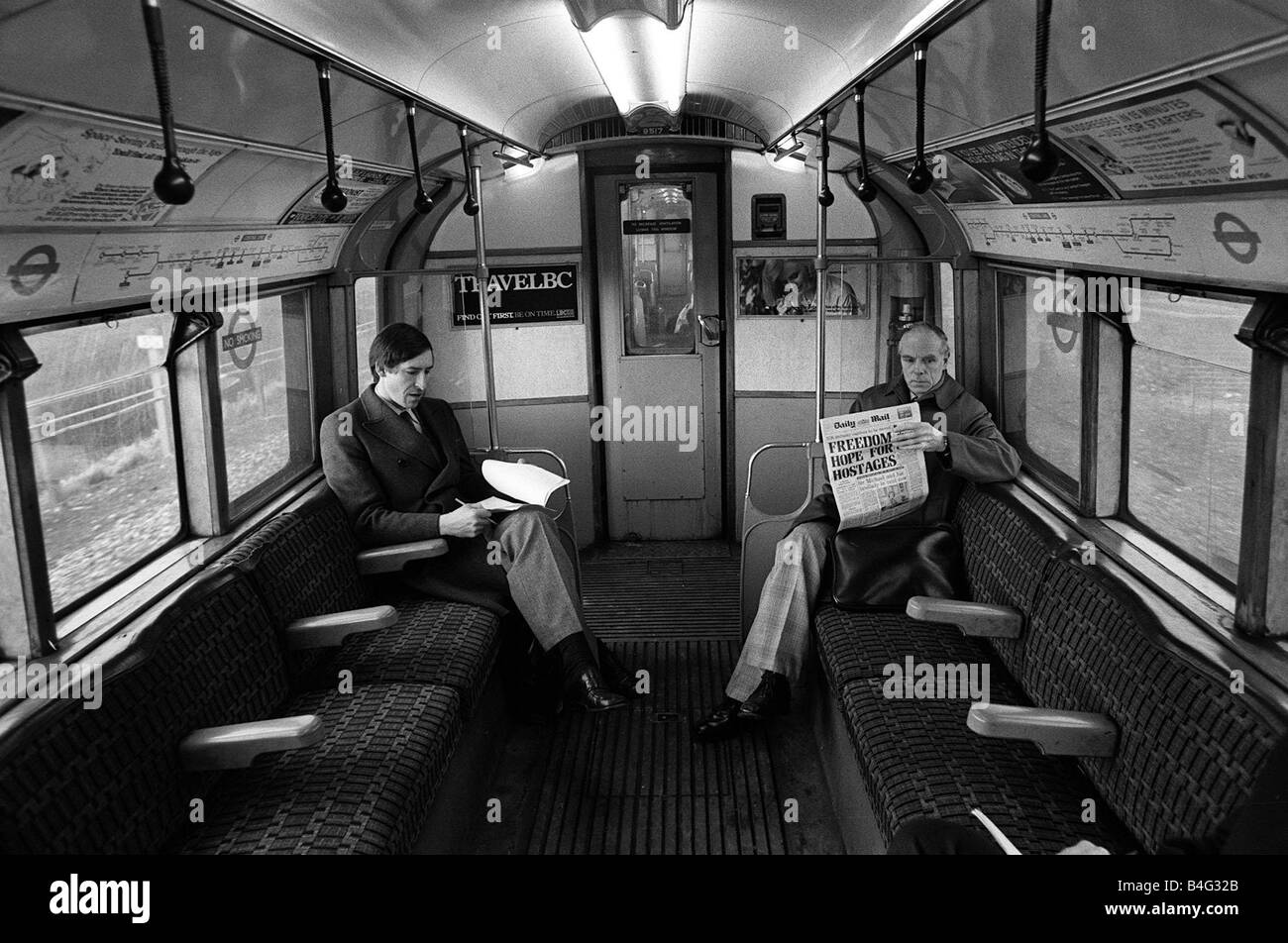 Passengers on the Central Line train between Epping and Ongar March 1980 Stock Photo