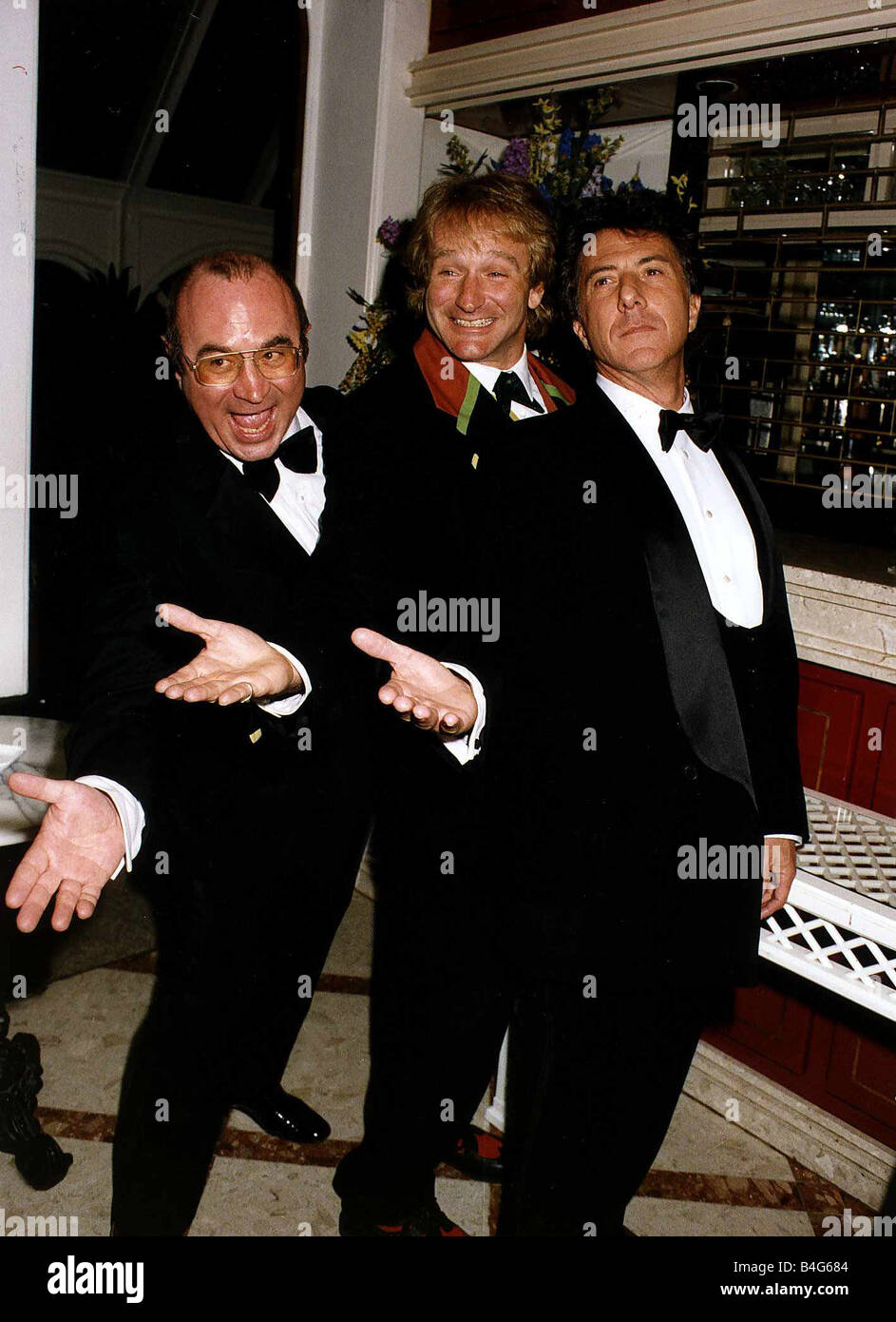 Robin Williams actor with Bob Hoskins Dustin Hoffman party for film Hook Stock Photo