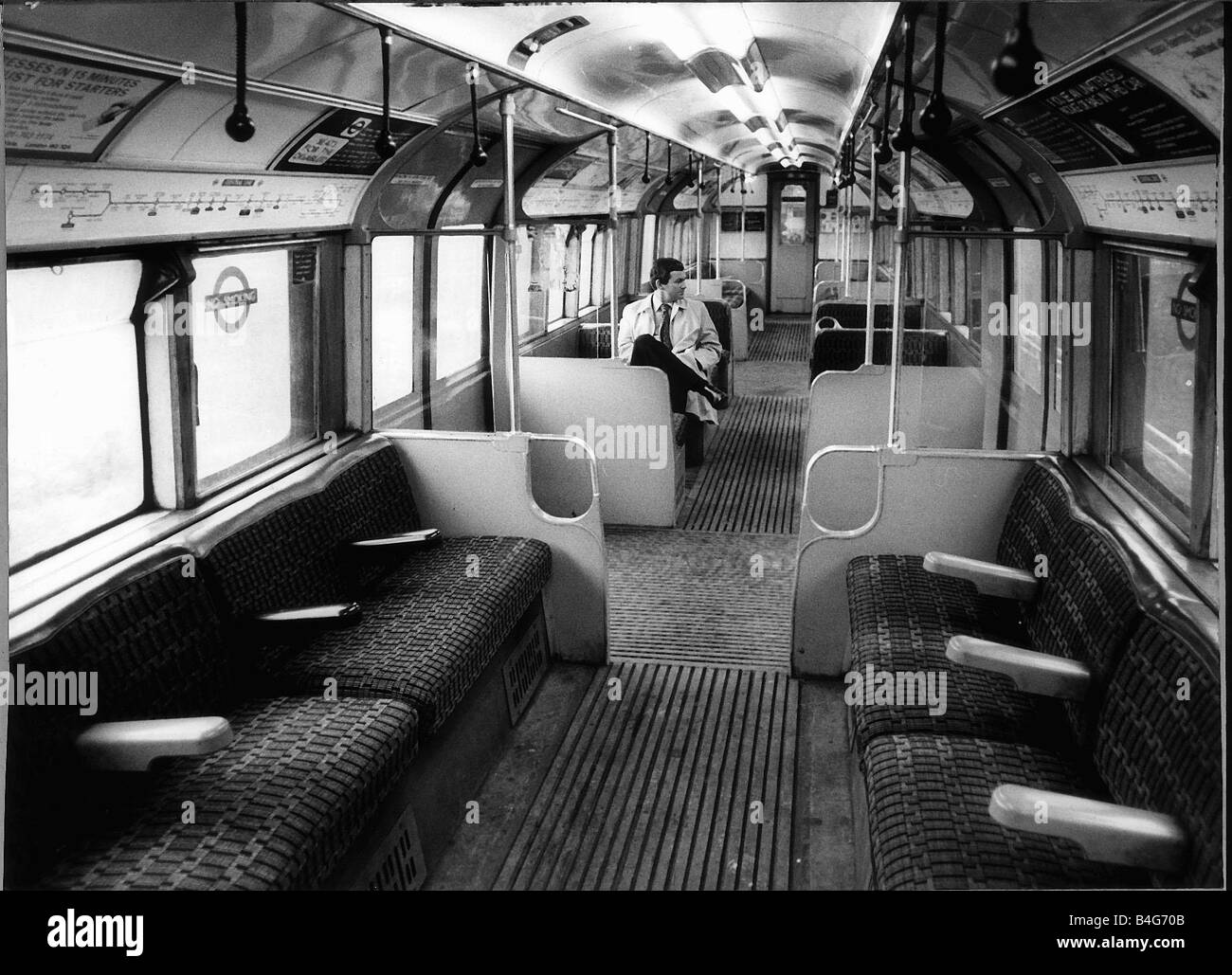 Colin Wills the only passenger on the Central Line train between Epping and Ongar March 1980 Stock Photo