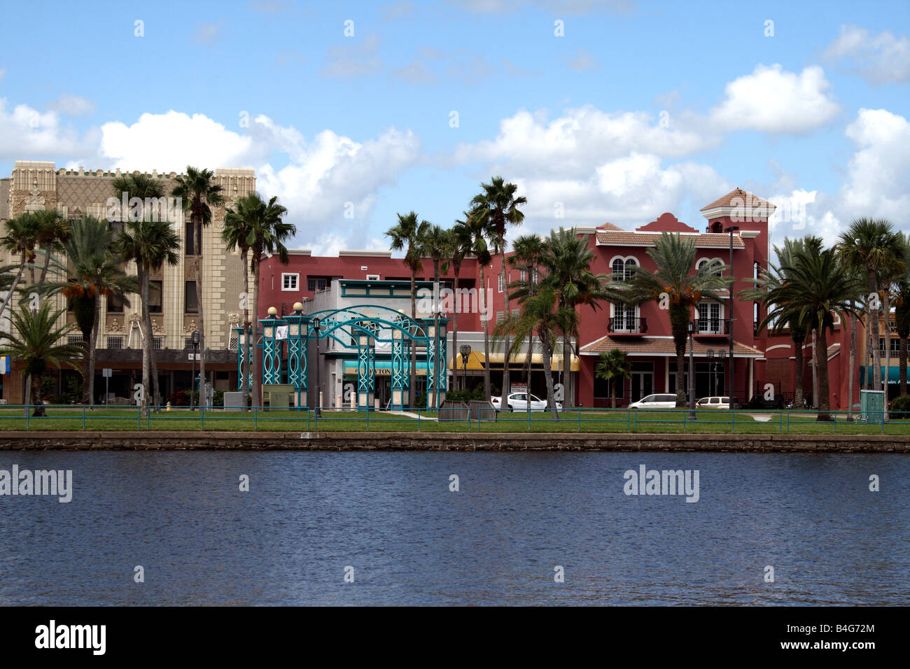 View of shops and historic buildings on Beach Street from City Island