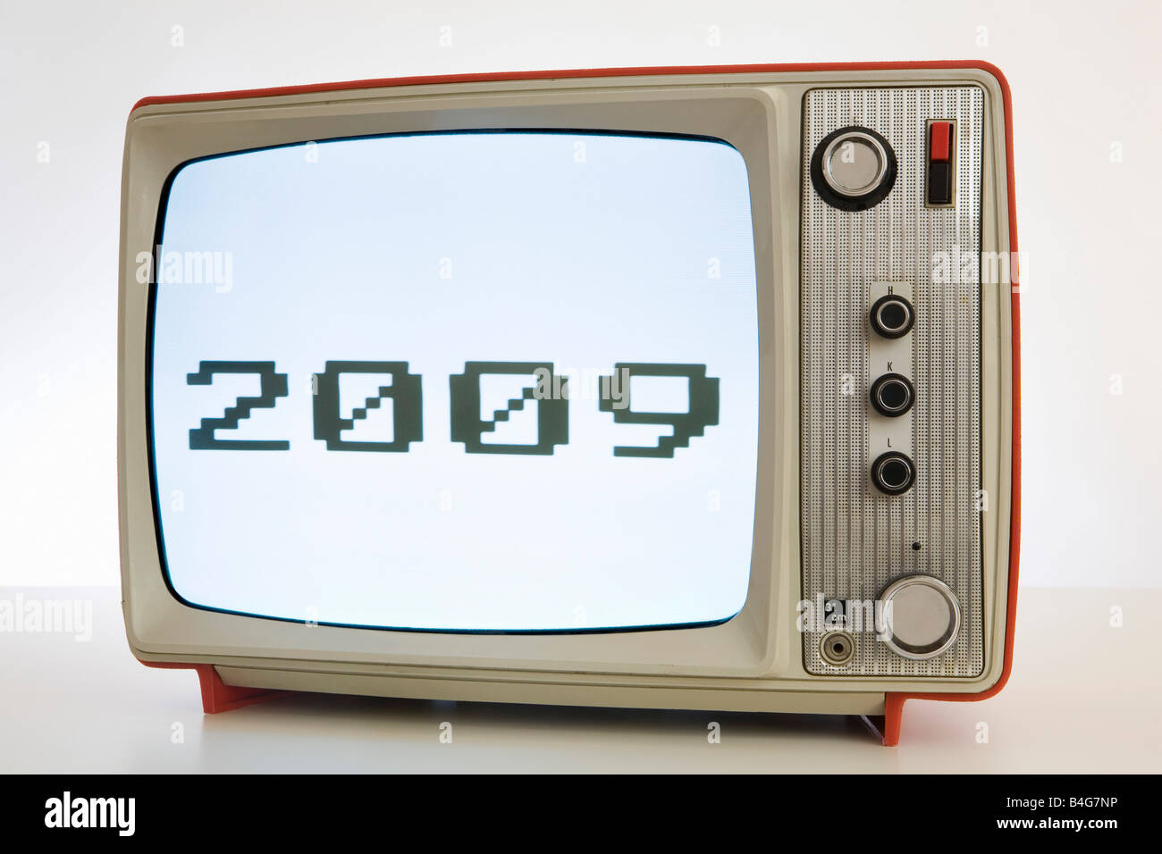 A television with a black and white image of '2009' Stock Photo