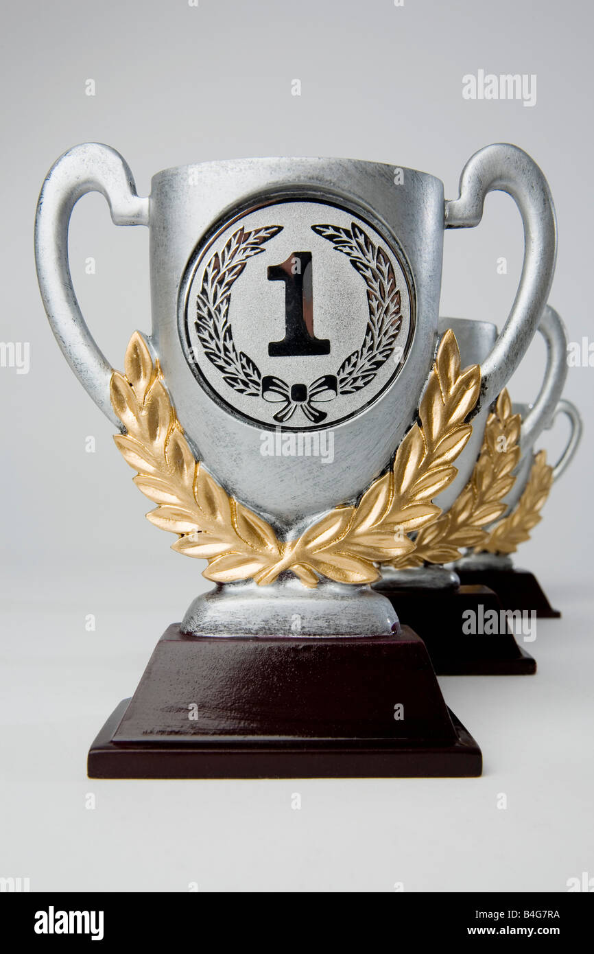 First, second and third place trophies in diminishing perspective Stock Photo