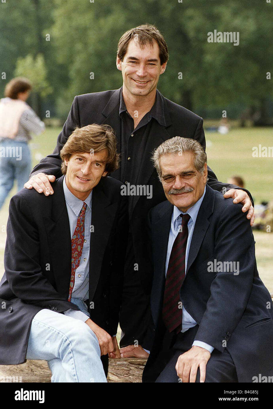Timothy Dalton Actor with Nigel Havers and Omar Sharif at the launch of a new series for Sky TV called Red Eagle Stock Photo