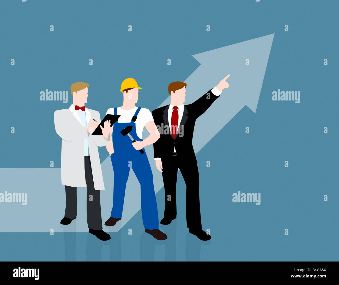 Three men standing in a row with an arrow sign Stock Photo - Alamy