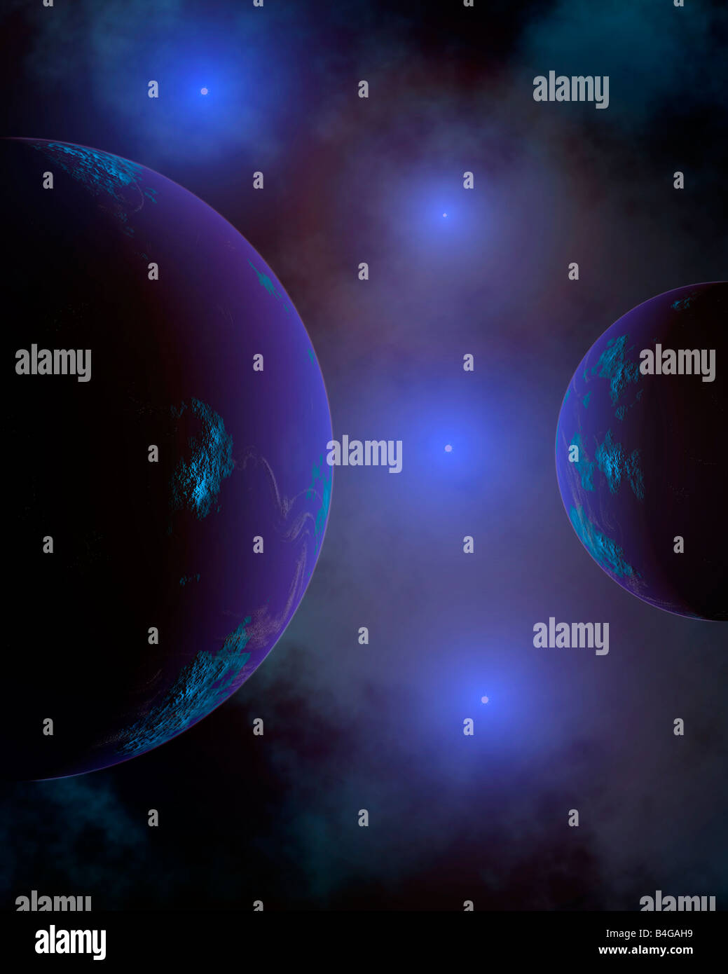 Young Blue Stars & Planets,Emerging From A Nebula. Stock Photo