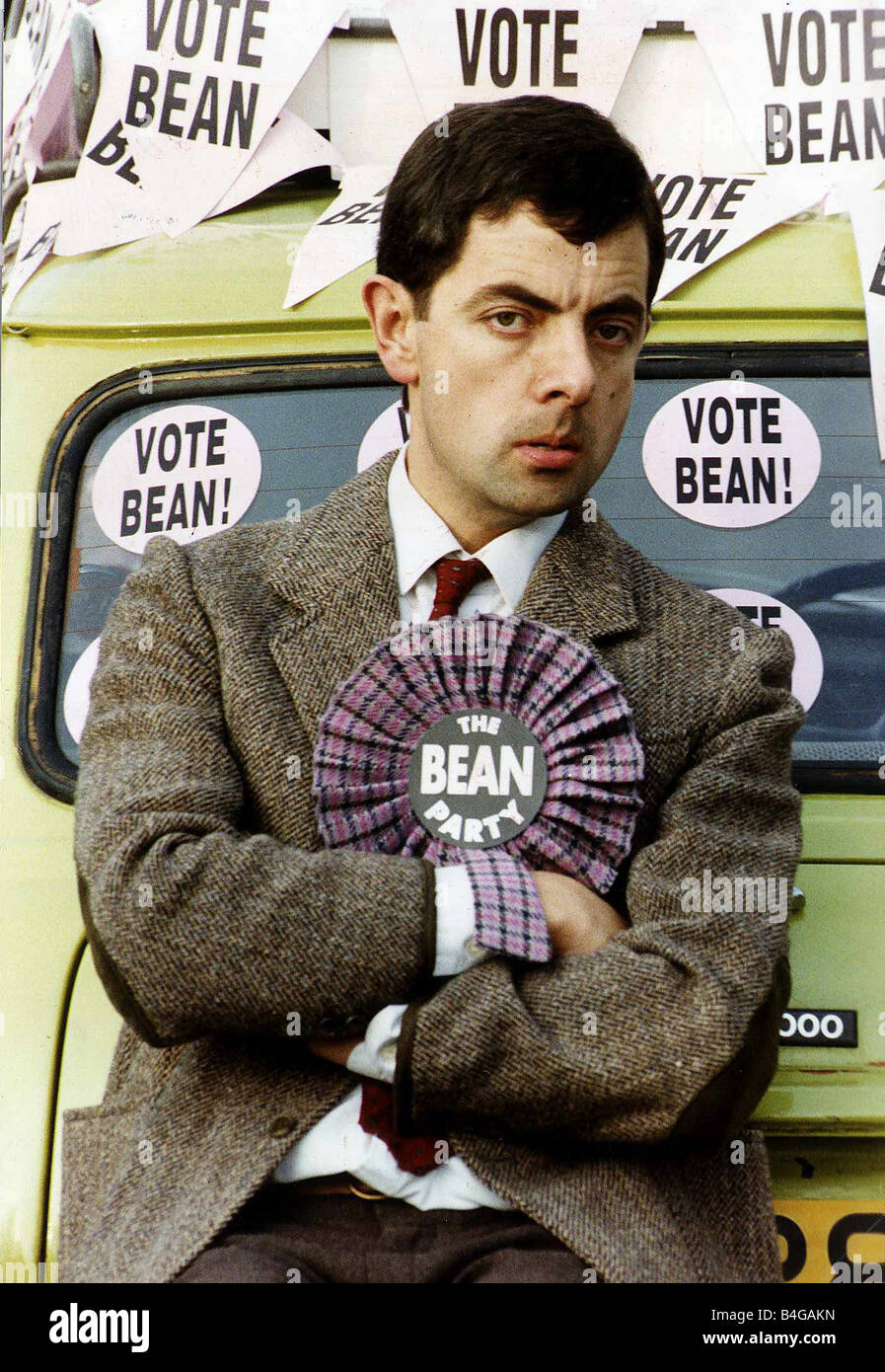 Rowan Atkinson Actor as Mr Bean in his comic relief Vote Bean Party Stock Photo