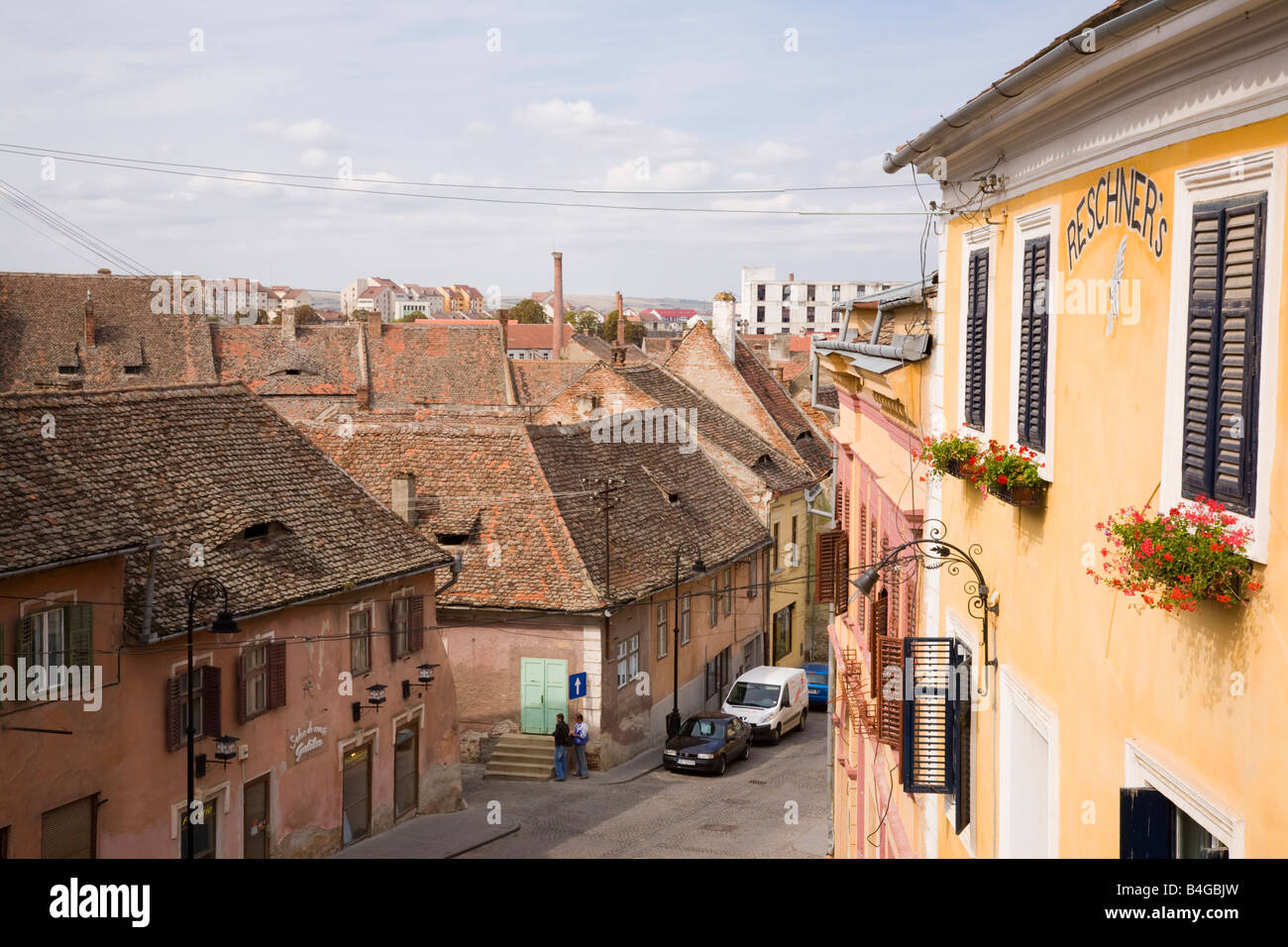 Sibiu Transylvania Romania Europe Old buildings and tiled rooftops in Strada Ocnei street in historic city centre Stock Photo