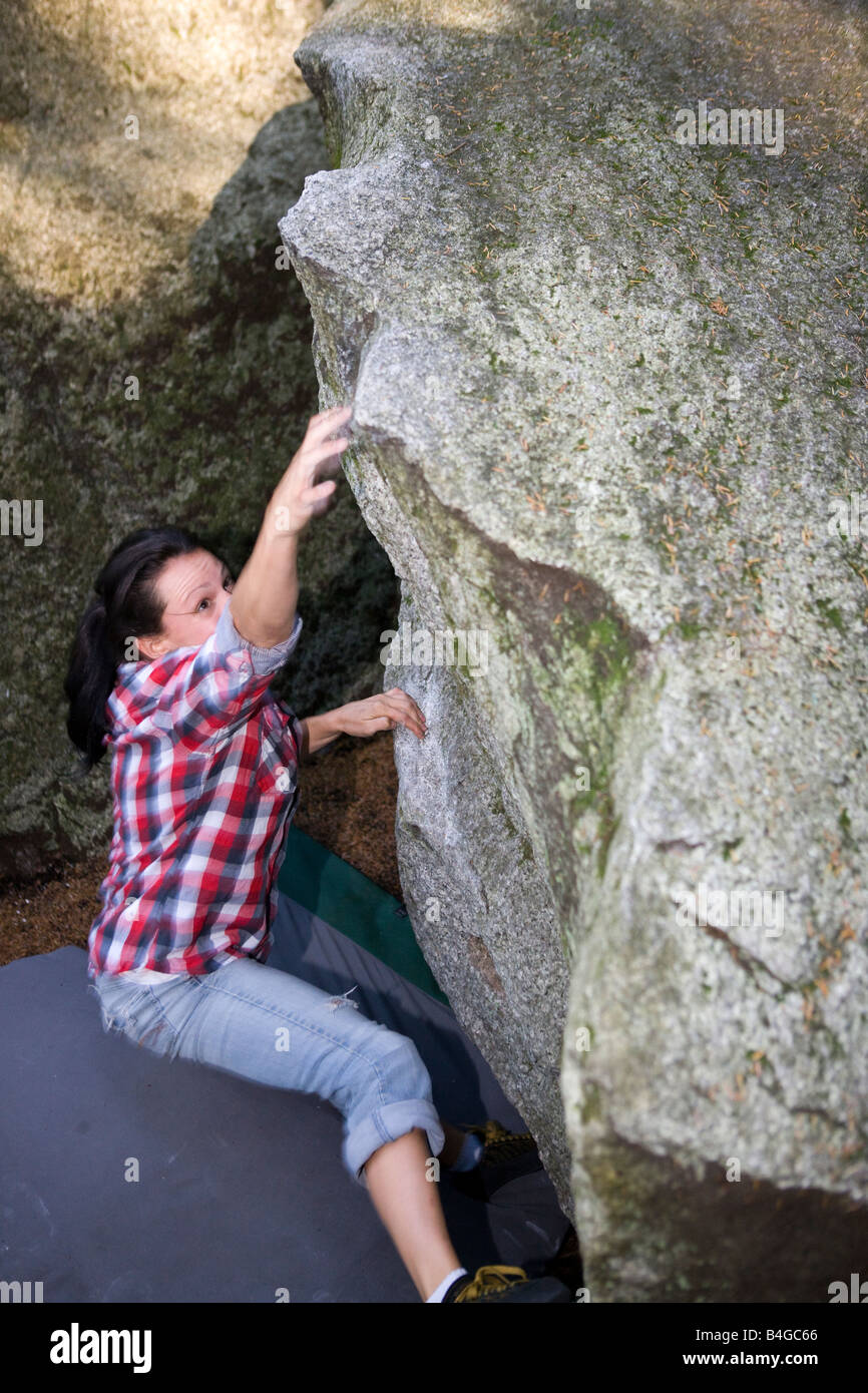 bouldering and rock climbing without ropes in Squamish British Columbia Stock Photo
