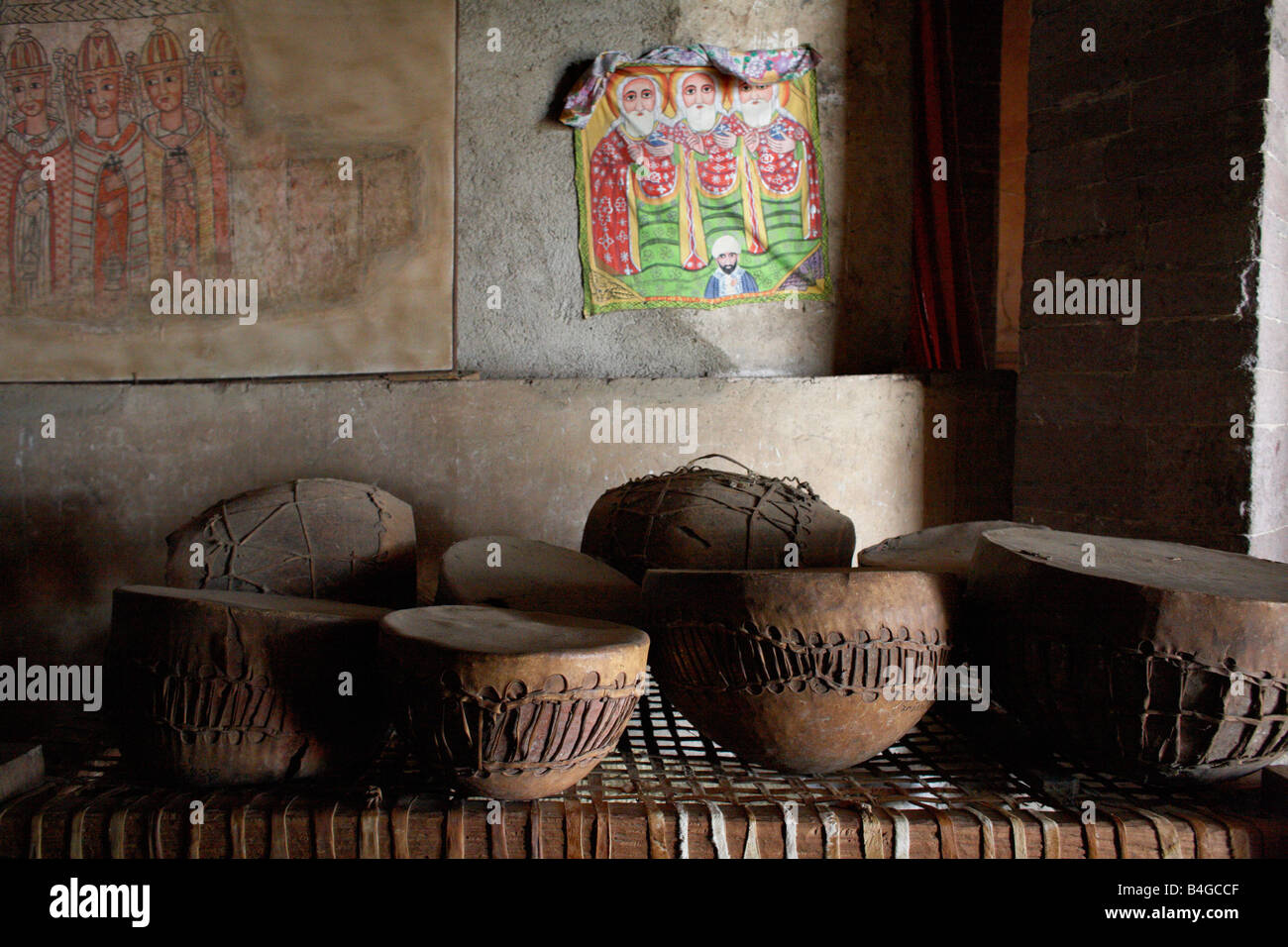 Ethiopian drums in the monastery of Kebran Gabriel, on Lake Tana, Ethiopia Stock Photo