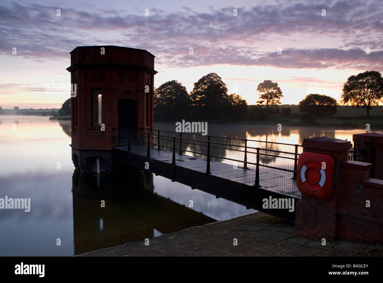 Water Tower at Dawn, Sywell Reservoir, Sywell, Northamptonshire, England, UK Stock Photo