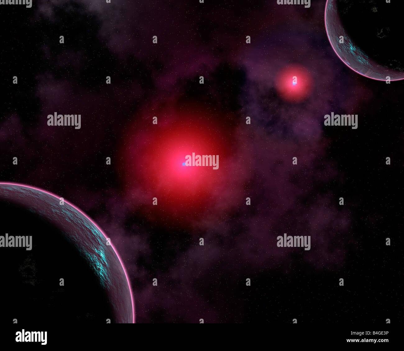 Distant Red Giant Stars  & Alien Worlds. Stock Photo